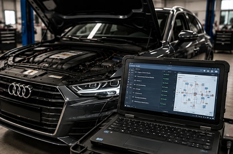 Live vehicle data being analyzed during German auto diagnostics