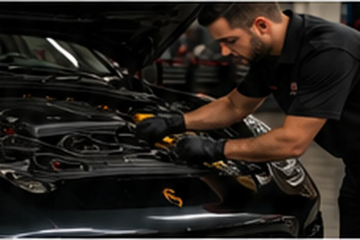 Technician performing preventive maintenance on a German vehicle