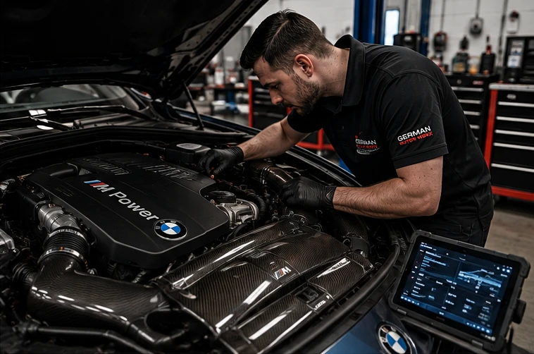 BMW performance vehicle receiving professional inspection
