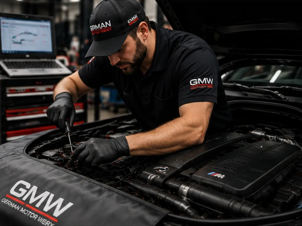 Automotive technician servicing a German vehicle