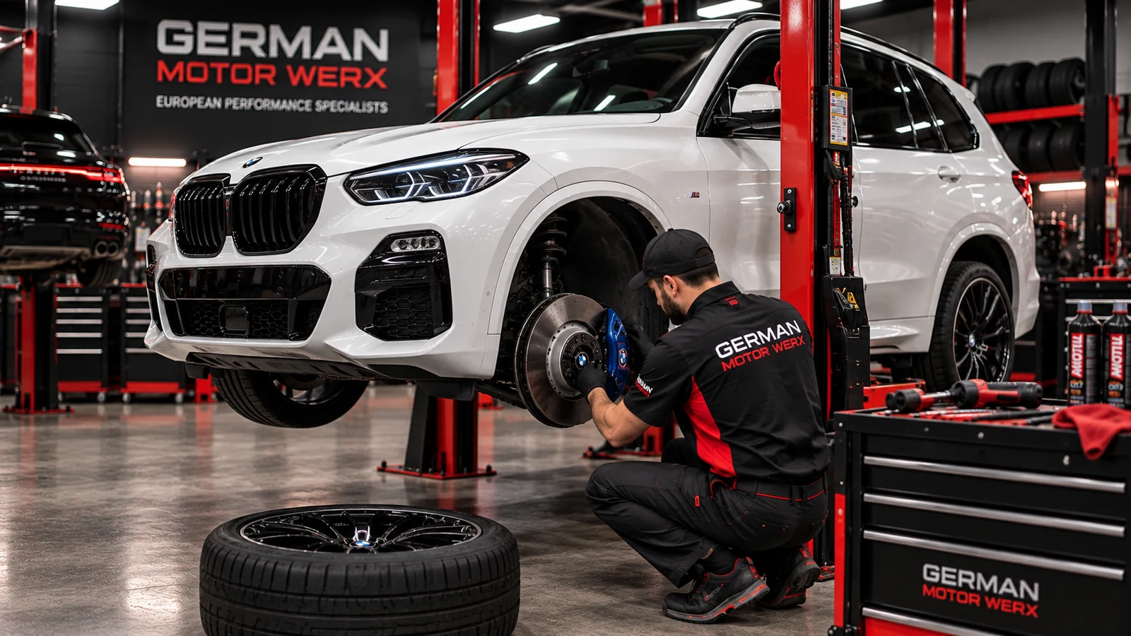 Technician performing preventive maintenance on a German vehicle